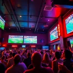 Cheering fans enjoying live sports at 토토스토리's vibrant sports bar setting.