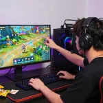 Excited gamer customizing their avatar in degrees of lewdity during a gameplay session, showcasing vibrant in-game colors and a modern gaming setup.