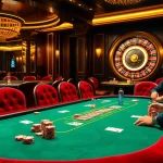 Rebahin-themed luxurious casino setting featuring a high-stakes poker table and roulette.