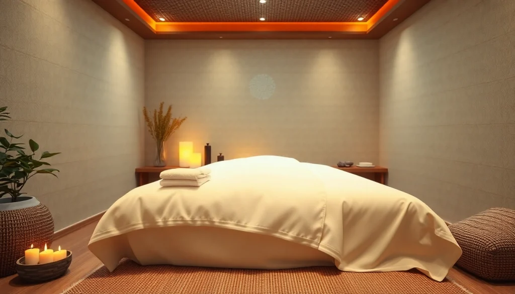 마사지 침대와 편안한 장식이 있는 편안한 분위기의 속초 마사지 환경.