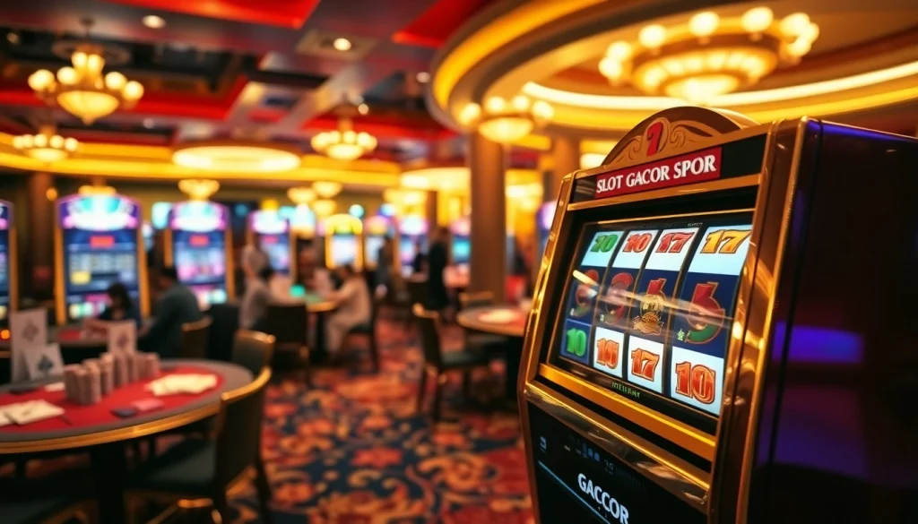 Exciting gambling action at a slot gacor machine in a luxurious casino atmosphere.