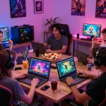 Engaged gamers playing popular porn games html on various devices in a vibrant gaming setup.