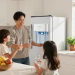 Family enjoying fresh water from the Waterdrop EDR4RXD1 Refrigerator Water Filter in a bright kitchen.
