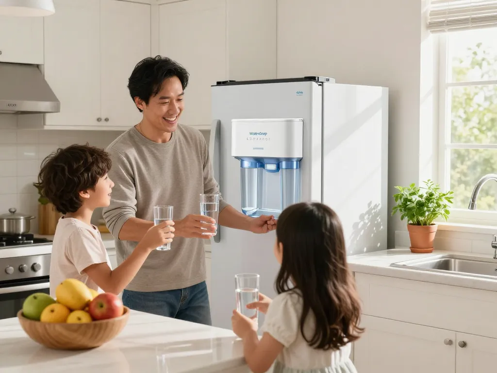 Family enjoying fresh water from the Waterdrop EDR4RXD1 Refrigerator Water Filter in a bright kitchen.