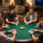 Engaged players enjoying a tg88 vip poker game, showcasing strategic gameplay and social interaction in a luxurious home setting.