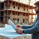 Commercial architect drafting blueprints at a construction site with a partially built structure.