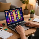Engaging in an online slot bet with a vibrant gaming interface displayed on laptop