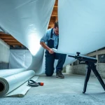 Vapor Barrier Installation being expertly performed in a clean crawl space.