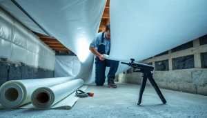 Vapor Barrier Installation being expertly performed in a clean crawl space.