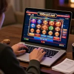 Sesi permainan dalam talian yang menarik di 100cuci.net, mempamerkan permainan slot yang ceria dan suasana rumah yang selesa.