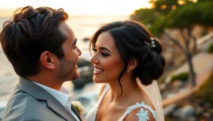 Carmel wedding photography capturing a joyful couple against a beautiful coastal sunset.
