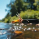 Fly fishing tippet on a fishing line beside a vibrant fly near a tranquil stream.