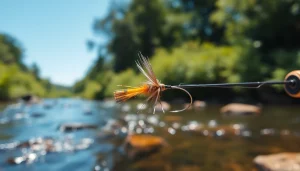 Fly fishing tippet on a fishing line beside a vibrant fly near a tranquil stream.