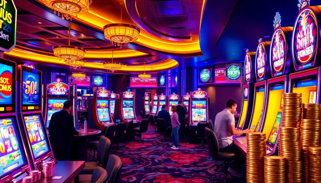 Rasakan sensasi kemenangan dengan slot bonus 100 persen di adegan kasino mewah ini.