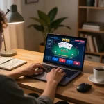 Playing W 88 poker online in a cozy home office with gaming setup and strategy notes visible