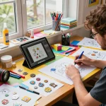 Custom acrylic pins being designed in a vibrant creative studio.