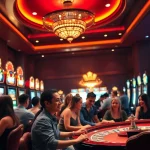 Experience the excitement of hoki77 heylink with players enjoying slot games in a luxurious casino atmosphere.