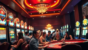 Experience the excitement of hoki77 heylink with players enjoying slot games in a luxurious casino atmosphere.