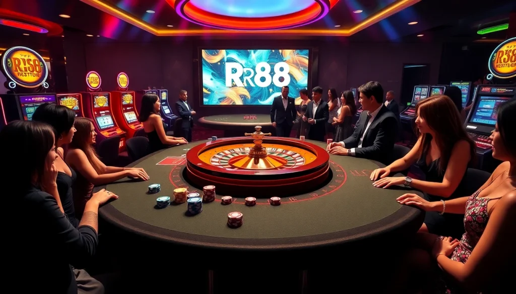 Players enjoying a luxurious RR88 casino experience with colorful poker chips and an exciting atmosphere.