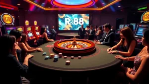 Players enjoying a luxurious RR88 casino experience with colorful poker chips and an exciting atmosphere.