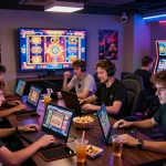 Sekelompok gamer yang bersemangat terfokus pada permainan situs slot gacor di ruang permainan modern dengan dekorasi berwarna-warni