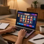 Engaged player at Spin Panda Casino using a laptop for online gaming with cozy home ambiance.