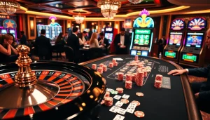 Des joueurs engagés profitant de la roulette et des machines à sous au casino en ligne France dans une ambiance vibrante.