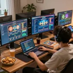 Player enjoying slot server thailand gacor games at home with warm lighting and engaging setup