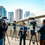 Video production Edmonton crew engaged in a vibrant city scene, showcasing dynamic filmmaking.