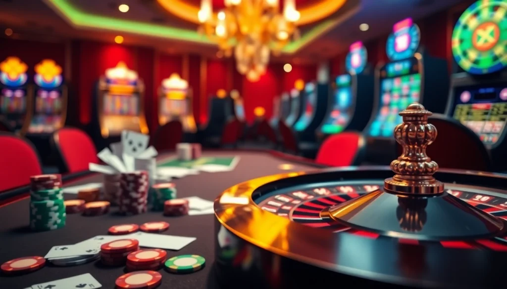 Ressentez l'excitation et le luxe d'un casino en ligne France, avec des jetons de poker, des cartes et une roulette.