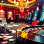 Ressentez l'excitation et le luxe d'un casino en ligne France, avec des jetons de poker, des cartes et une roulette.