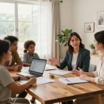 Real estate consultation scene with family discussing they buy houses options in a modern home.