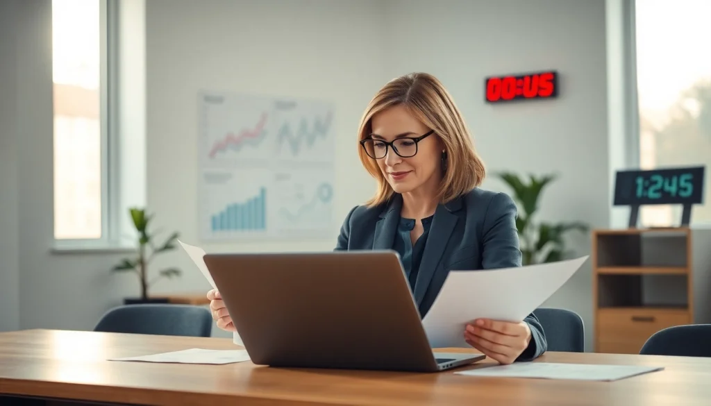 Księgowy w Poznaniu przeglądający dokumenty finansowe w nowoczesnym biurze.