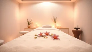 편안한 분위기와 부드러운 색상이 어우러진 고급 스파에서의 마사지 요법.