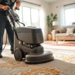 Professional technician in a carpet cleaning business revitalizing a vibrant rug in a bright living room.