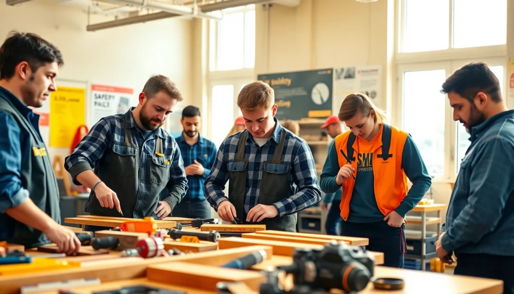 Contractor apprenticeship students practicing essential skills in a vibrant workshop environment.