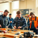 Contractor apprenticeship students practicing essential skills in a vibrant workshop environment.