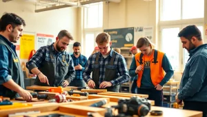 Contractor apprenticeship students practicing essential skills in a vibrant workshop environment.
