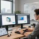 Interactive 3D product configurator software in a modern tech workspace showcasing product designs and customization options.
