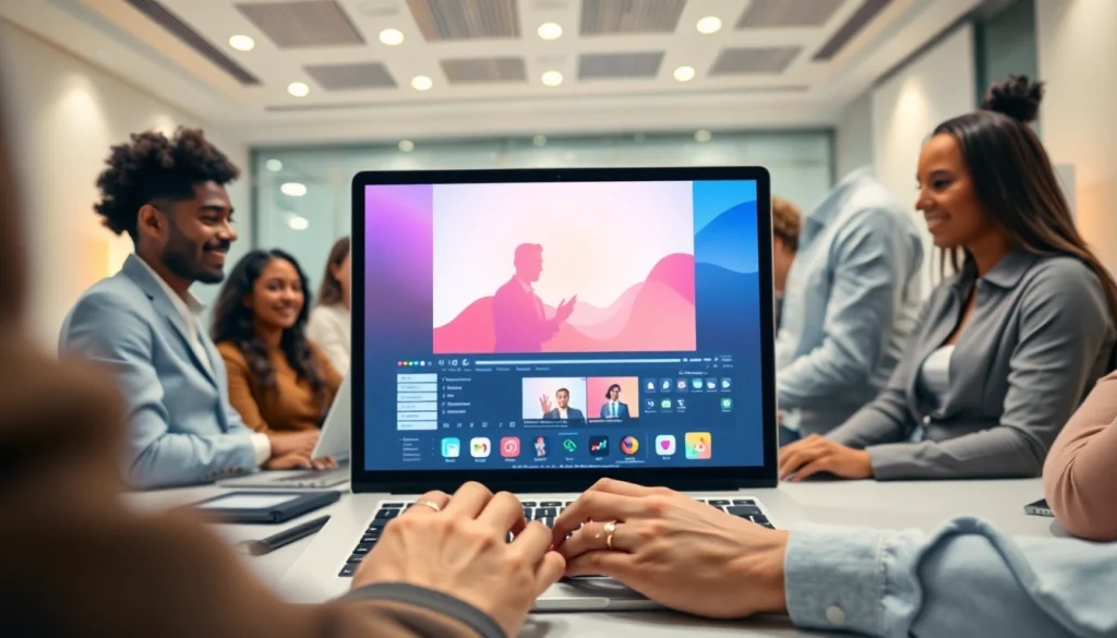 Engaged professionals using a video to promptgenerator for innovative video project analysis in a modern office.