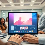 Engaged professionals using a video to promptgenerator for innovative video project analysis in a modern office.