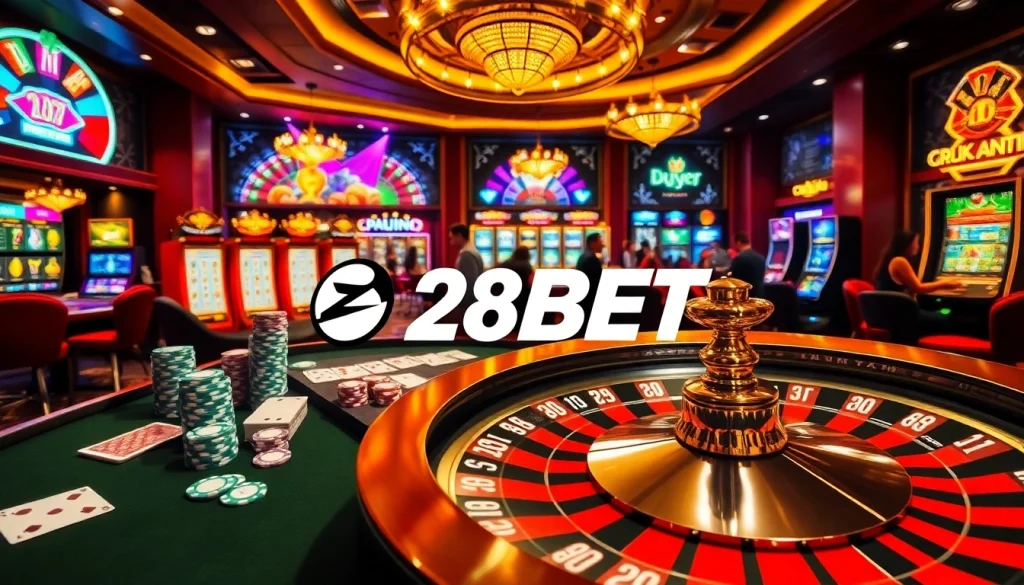 Players at a vibrant casino table enjoying their games at 28BET, surrounded by poker chips and cards.