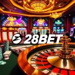 Players at a vibrant casino table enjoying their games at 28BET, surrounded by poker chips and cards.