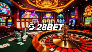 Players at a vibrant casino table enjoying their games at 28BET, surrounded by poker chips and cards.