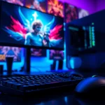 Gry komputerowe: nowoczesne biurko do gier z RGB i monitorami w kolorach niebieskim i fioletowym.