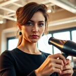 Stylist using a hair dryer for frizzy hair in a trendy salon.