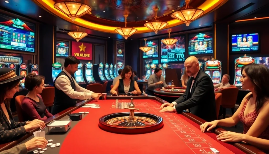 Scène engageante de casino en ligne France avec des croupiers, des tables de poker et des machines à sous vibrantes.