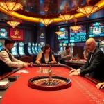 Scène engageante de casino en ligne France avec des croupiers, des tables de poker et des machines à sous vibrantes.