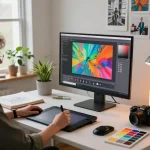 Artist converting visual ideas into text prompts using an image to prompt tool in a vibrant digital art studio