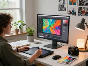 Artist converting visual ideas into text prompts using an image to prompt tool in a vibrant digital art studio